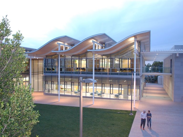 Newport Beach Civic Center Curved Canopies Bird's Eye View Front